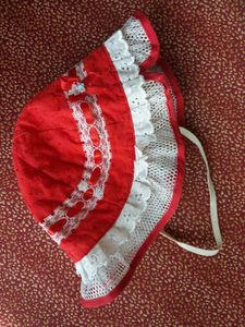 Kids 4-6 years Red Baby Hat with White Lace Trim