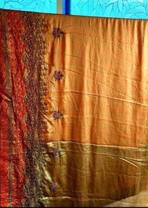 Elegant Peach &amp; Olive Embroidered Saree