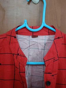 Red Checked Mandarin Collar Shirt