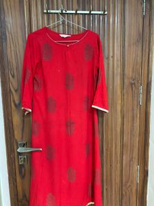 Vibrant Red Block Print Kurta