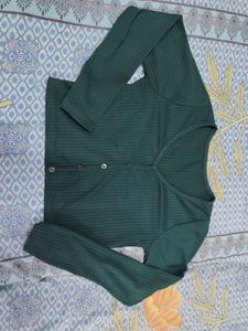 Green Ribbed Button-Up Long Sleeve Top