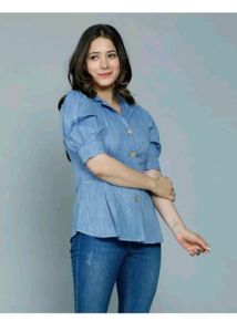 Blue Denim Style Button-Down Top | Casual Wear