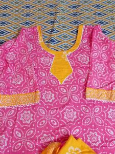 Vibrant Pink Kurta Set with Yellow Dupatta