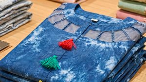Denim Blue Tie-Dye Maxi Dress with Tassels