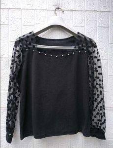 New with tag Korean Chic Polka Dot Mesh Sleeve Top
