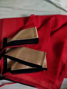 Vibrant Red Saree with Gold Border