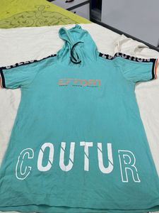men cotton Teal Hooded T-Shirt