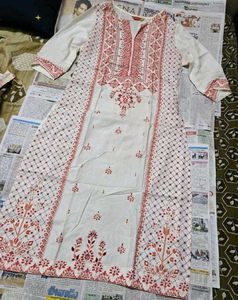 Elegant White Kurta with Coral Palazzo Pants