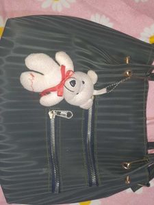 Stylish Dark Green Handbag with Teddy Charm