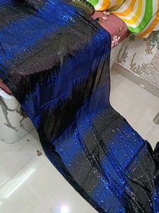 Sparkling Blue &amp; Black Sequins Saree for Wedding