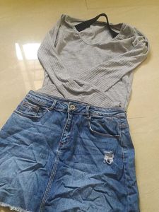 Cute Brown &amp; White Argyle Crop Top &amp; Denim Skirt S