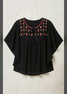 Boho Black Tunic Top with Embroidered Neckline