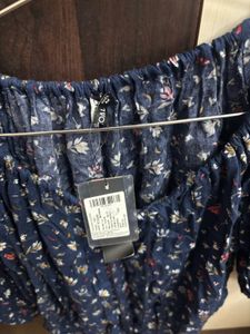 Navy Blue Floral Print Bardot Top