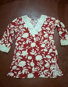 Red Floral short Kurta with Lace Neckline
