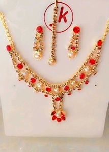 Red & Pearl Ethnic Necklace Set for girls