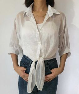 Sheer White Tie-Front Button-Up Blouse