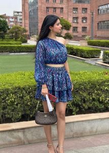 Blue Printed One-Shoulder Top &amp; Skirt Set