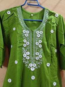 Elegant Olive Green Embroidered Kurti &amp; Pant