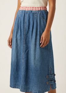 Stylish Blue Denim Skirt with Checkered Elastic Wa