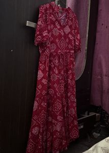 Stylish Red Bandhani Print Maxi Dress