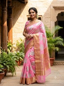 Elegant Pink Saree with Gold Border