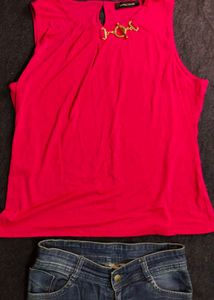 Vibrant Pink Sleeveless Top with Gold Accent