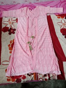 Pink Printed Cotton Anarkali With Jacket