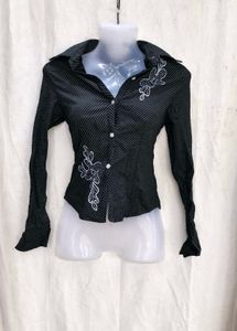 22138. Chic Black Striped Embroidered Button-Up Sh