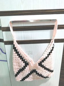 Crocheted Pink &amp; Black Tote Bag
