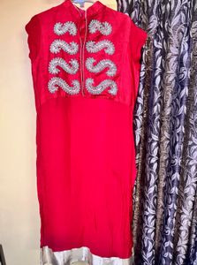 Red Embroidered Kurti With Pure Chiffon Dupatta