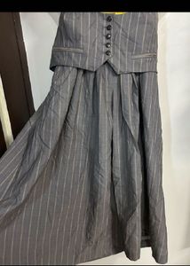 Pinstripe Halter Neck Dress with Vest Overlay