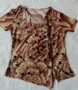Brown Star Print Ruched Top