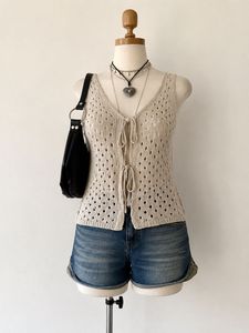 Boho Knit Crochet Tie Front Tank Top