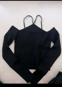 off Shoulder Ribbed Knit Top with strips