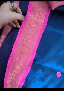 Beautiful Blue Saree with Pink Border