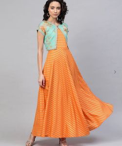 Orange-turquoise Ethnic fusion gown + coat