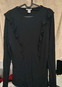 Chic Black Ruffle Long Sleeve Mesh Top
