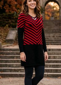 Chic Red & Black Striped V-Neck Dress
