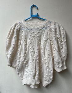 Cream Textured Puff Sleeve Sweater