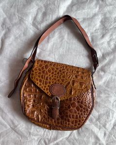 Brown Croc Embossed Shoulder Bag