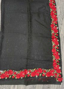 Elegant Black Saree with Red Floral Embroidery