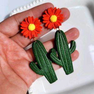 Orange Cactus Flower Dangle Earrings
