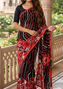 Stunning Black Red Floral Saree