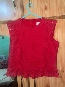 Chic Red Eyelet Peplum Top