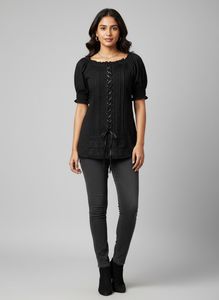 Gothic Lace-Up jet Black Top
