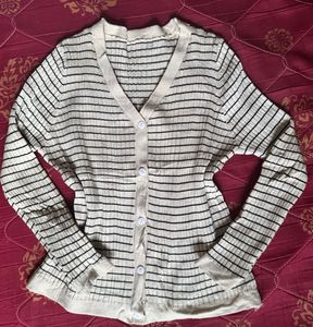 Striped V-Neck Button-Up Cardigan