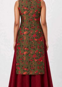 Olive Floral Kurta With Maroon Skirt Set