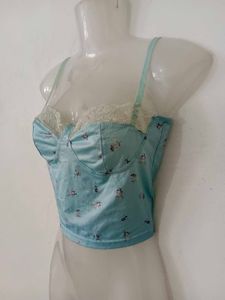 Light Blue Floral Lace Trim Bra Top