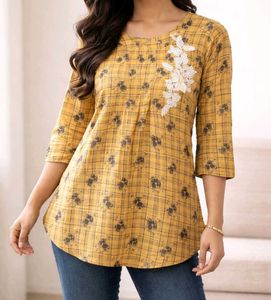 Chic Mustard Checkered Floral Top
