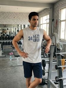 Sleeveless Grey T-Shirt with Korean Text
